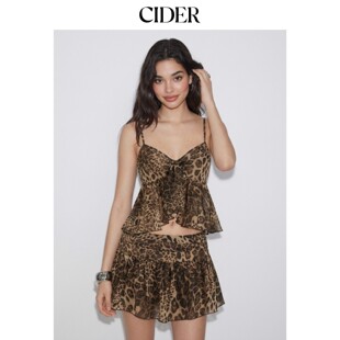 CIDER雪纺垂坠豹纹印花吊带上衣中腰层叠迷你半身裙套装115472575