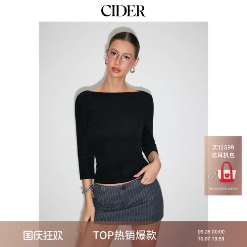 CIDER纯色套头一字领棉混纺船领中袖T恤短款女装上衣115127856