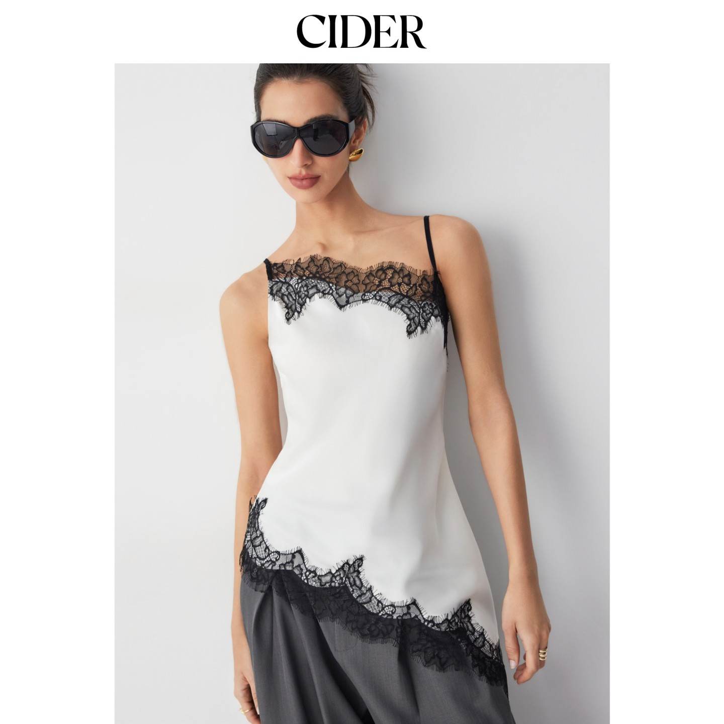 CIDER2026早秋季新品缎面不对称领撞色蕾丝边吊带衫115458700图片