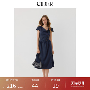 CIDER2026早秋穿搭不对称领格子抽褶绑带中长伞裙连衣裙115041914