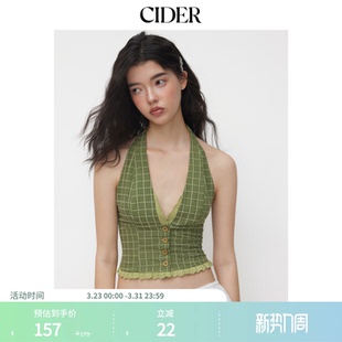 抽褶上衣114691957 挂脖格纹蕾丝边短款 CIDER夏季 女装