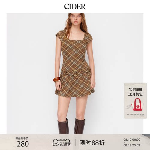 CIDER 夏季新品女装方领格纹带腰带迷你连衣裙114870905