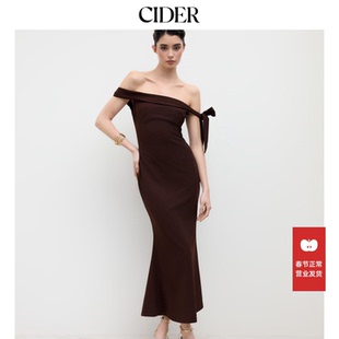 CIDER  chic优雅风露肩蝴蝶结一字肩长款收腰连衣裙114444307