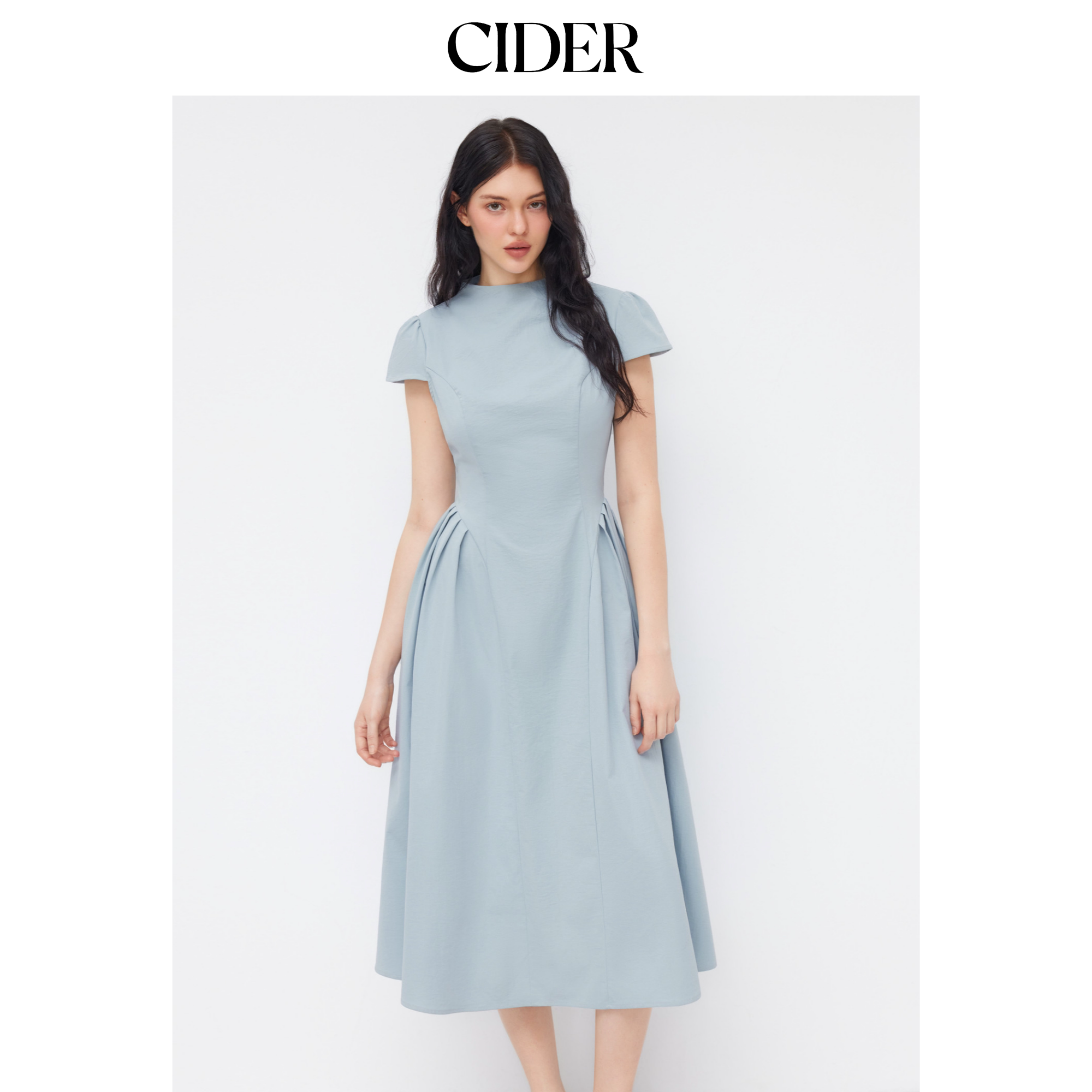 CIDER高领荷叶边裙子拉链收腰显瘦短袖连衣裙114718559图片