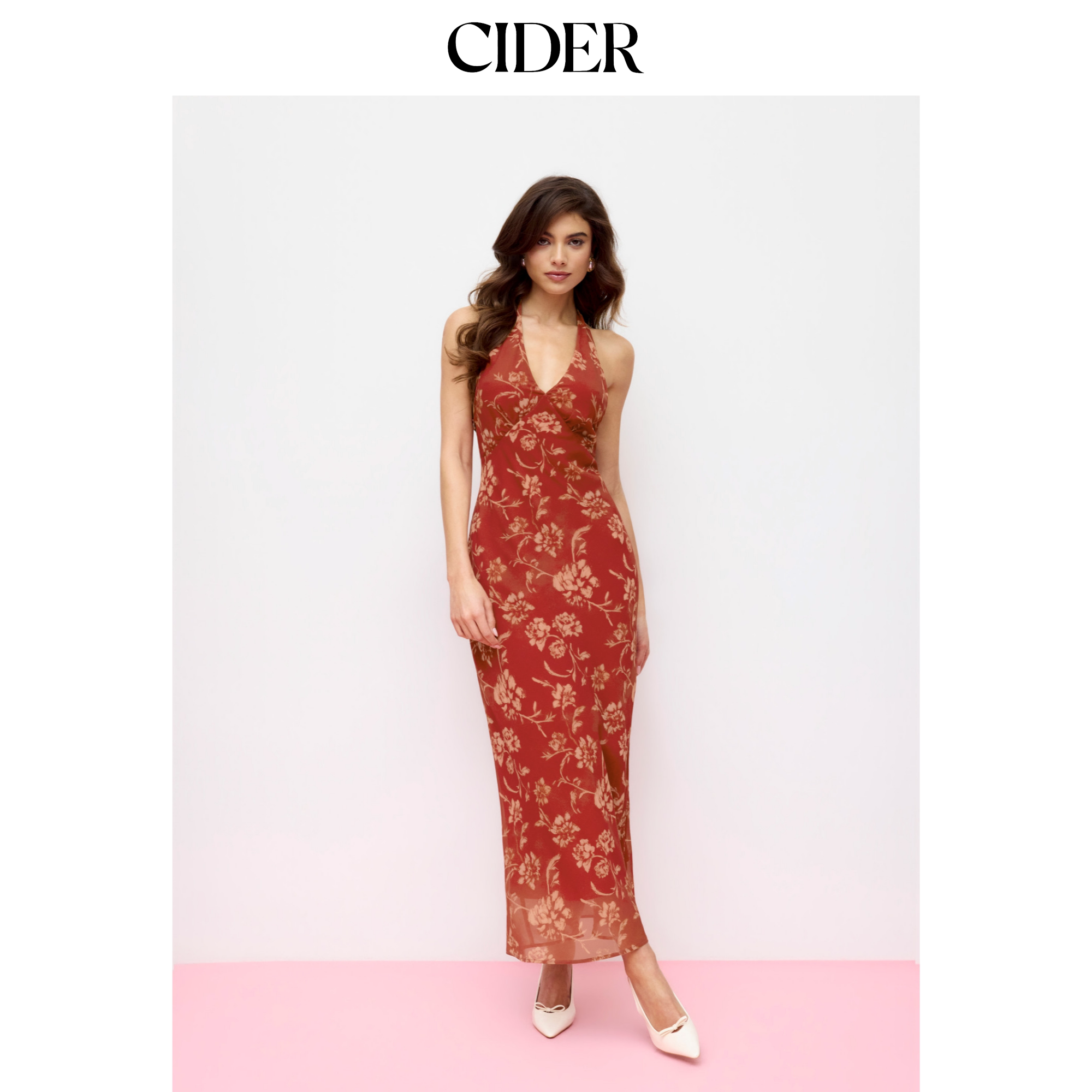 CIDER碎花露背系带雪纺美人鱼长连衣裙115140772图片