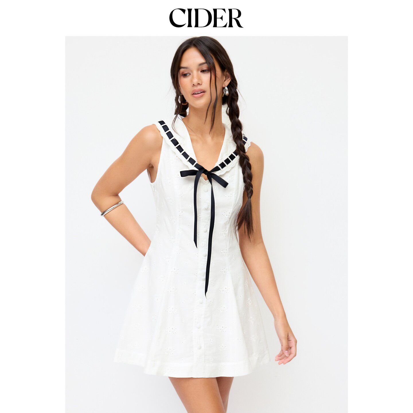 CIDER2026夏季新品棉质镂空蝴蝶结喇叭迷你连衣裙115413820