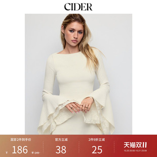 CIDER肌理一字领喇叭袖蕾丝拼接A字迷你连衣裙115604094