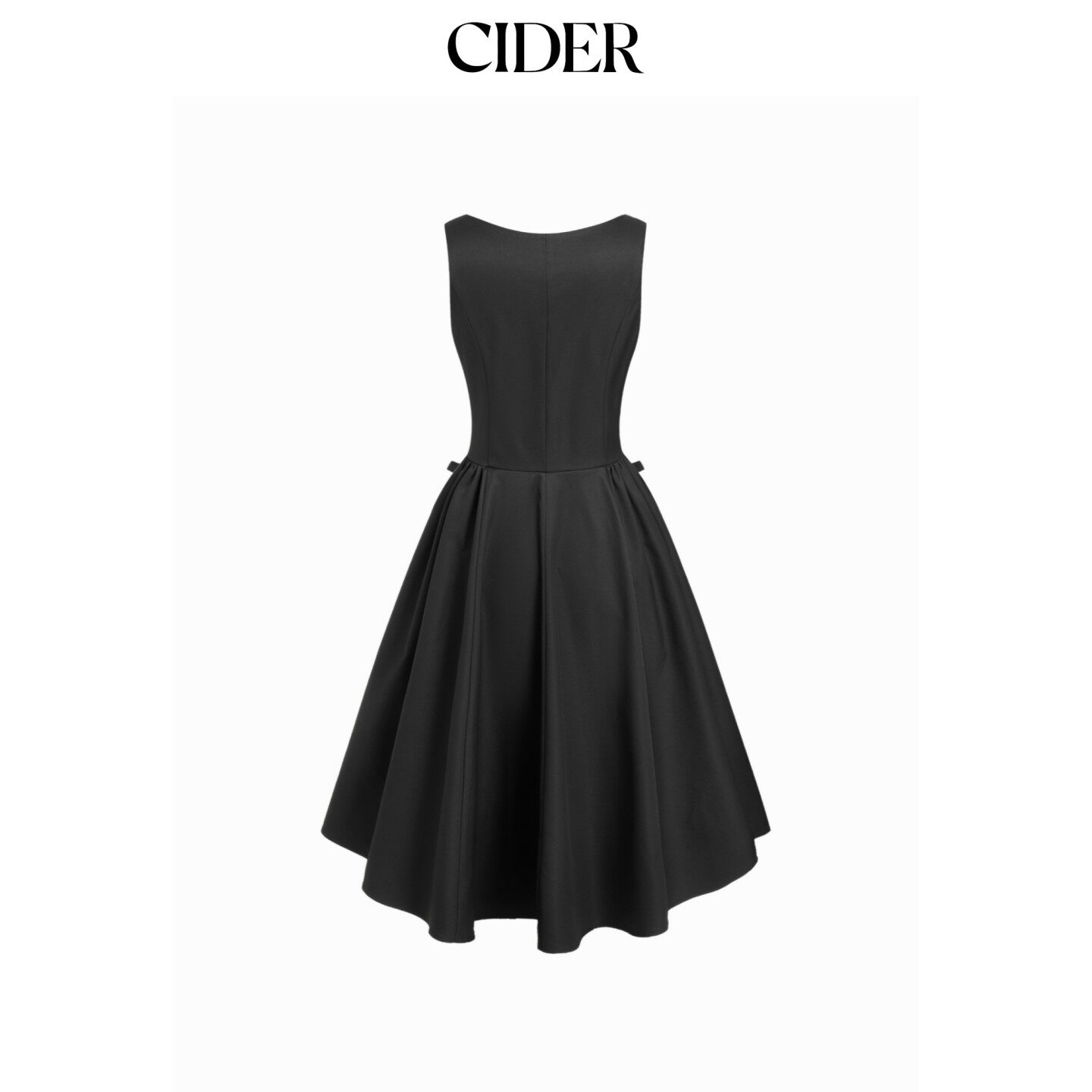 CIDER2026春季新品方领蝴蝶结褶皱中腰喇叭中长连衣裙115334514