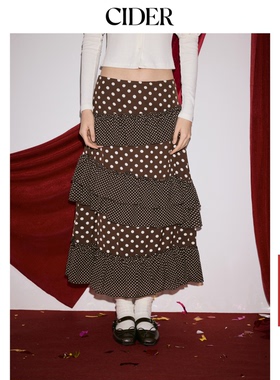 【明星同款】CIDER波点拼接荷叶边压褶长裙蛋糕裙半身裙114750476
