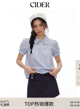 春季美式格纹泡泡袖宽松上衣