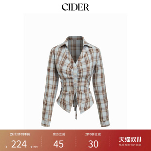 CIDER格纹格子翻领V领抽褶系带掐腰衬衫上衣114788177
