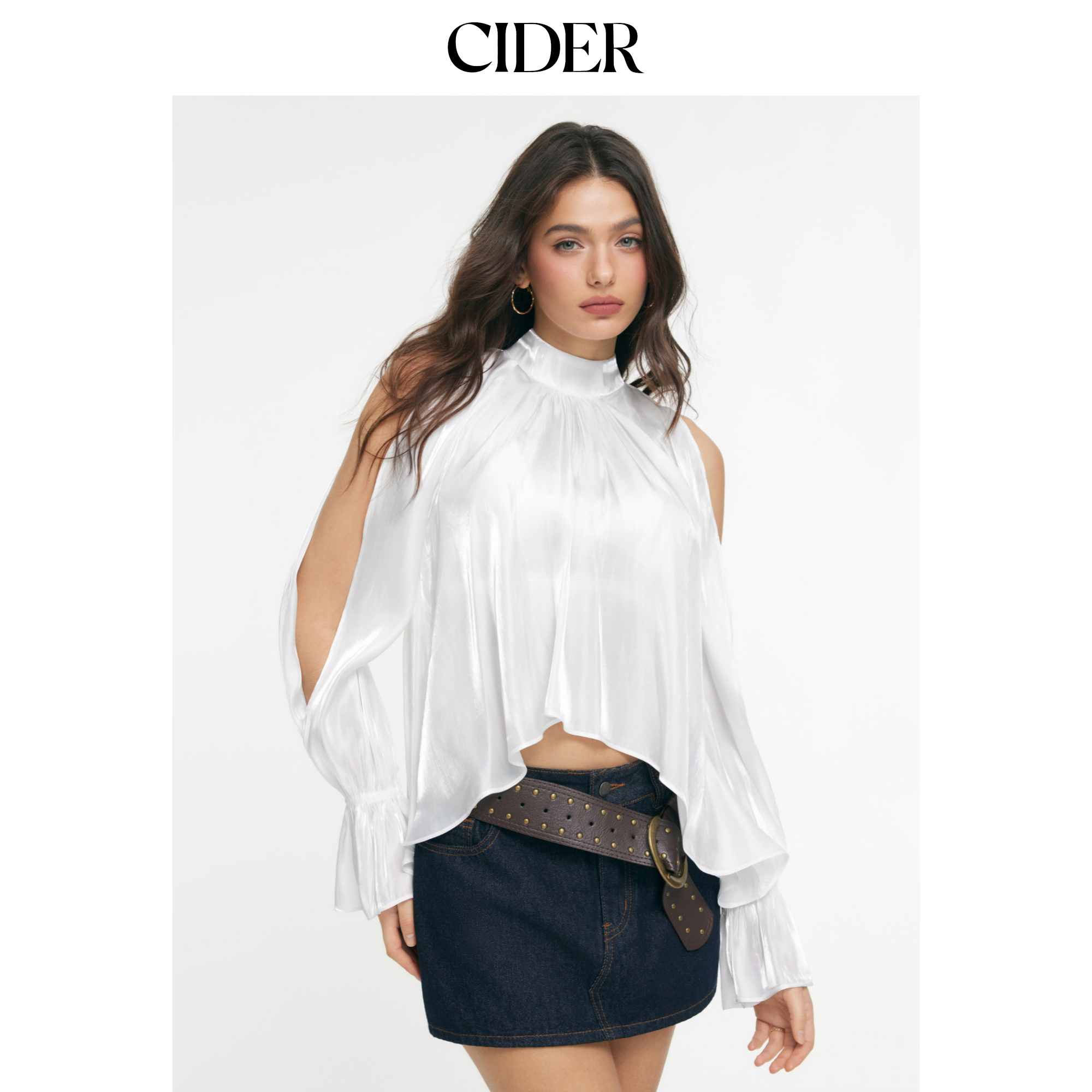CIDER缎面高领荷叶领结插肩袖宽松上衣115180533