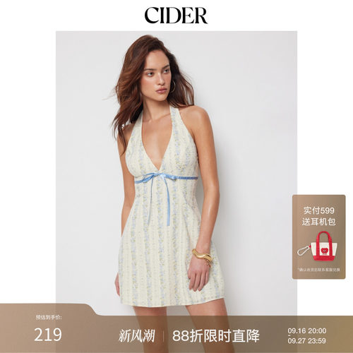 CIDER2026早秋穿搭棉质碎花挂脖蝴蝶结A字迷你连衣裙115277370