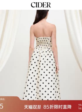 CIDER秋冬新品毕业季女装波点抽褶抹胸长连衣裙114486709