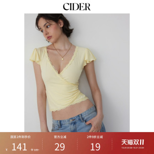 CIDER秋季新品V领荷叶袖蕾丝系带抽褶上衣115541045