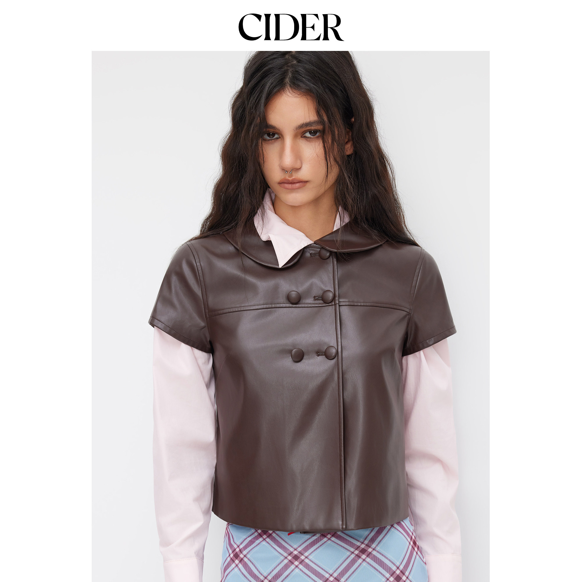 CIDER娃娃领仿皮彼得潘翻领纽扣短款短袖上衣女装114824959图片