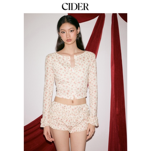 CIDER棉质碎花纽扣上衣荷叶边短裤 114787941 家居服套装