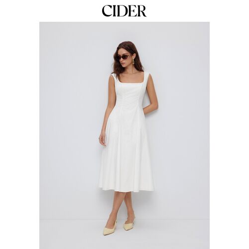 CIDER秋季新品棉方领褶皱口袋A字中长连衣裙115479643