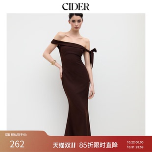CIDERchic优雅风露肩蝴蝶结一字肩长款收腰连衣裙114444307