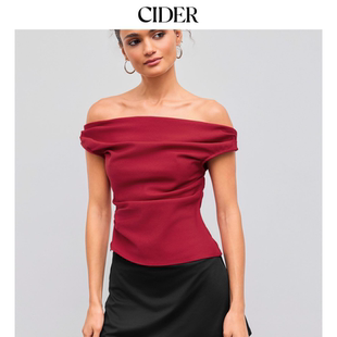 落肩设计一字肩修身 收腰拉链上衣105790075 法式 CIDER