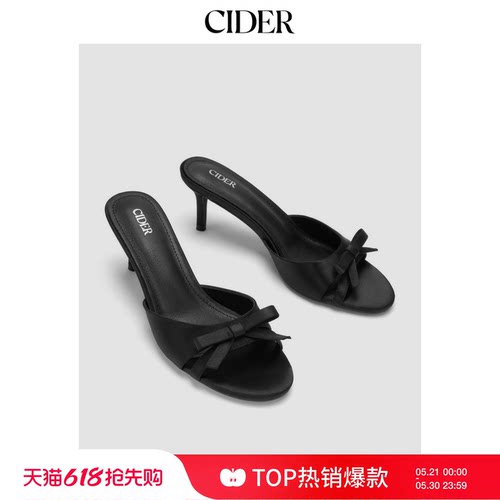 CIDER双色蝴蝶结缎面一字带中跟细高跟凉鞋114583000