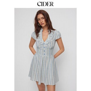 CIDER秋季新品条纹V领短袖荷叶边A字迷你连衣裙115407731