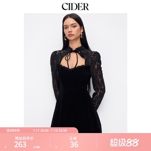 CIDER天鹅绒翻领长袖蕾丝网纱系带迷你连衣裙115032159