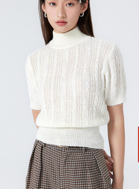 CIDER 羊毛质感五分袖毛衣外套高领短袖女装毛衣1020075