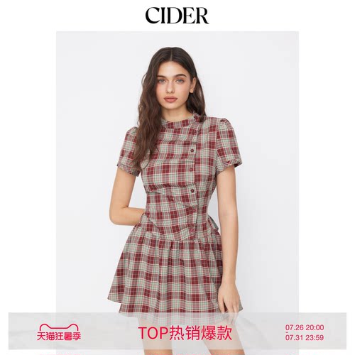 【明星同款】CIDER美式格纹泡泡袖系带连衣裙114992258