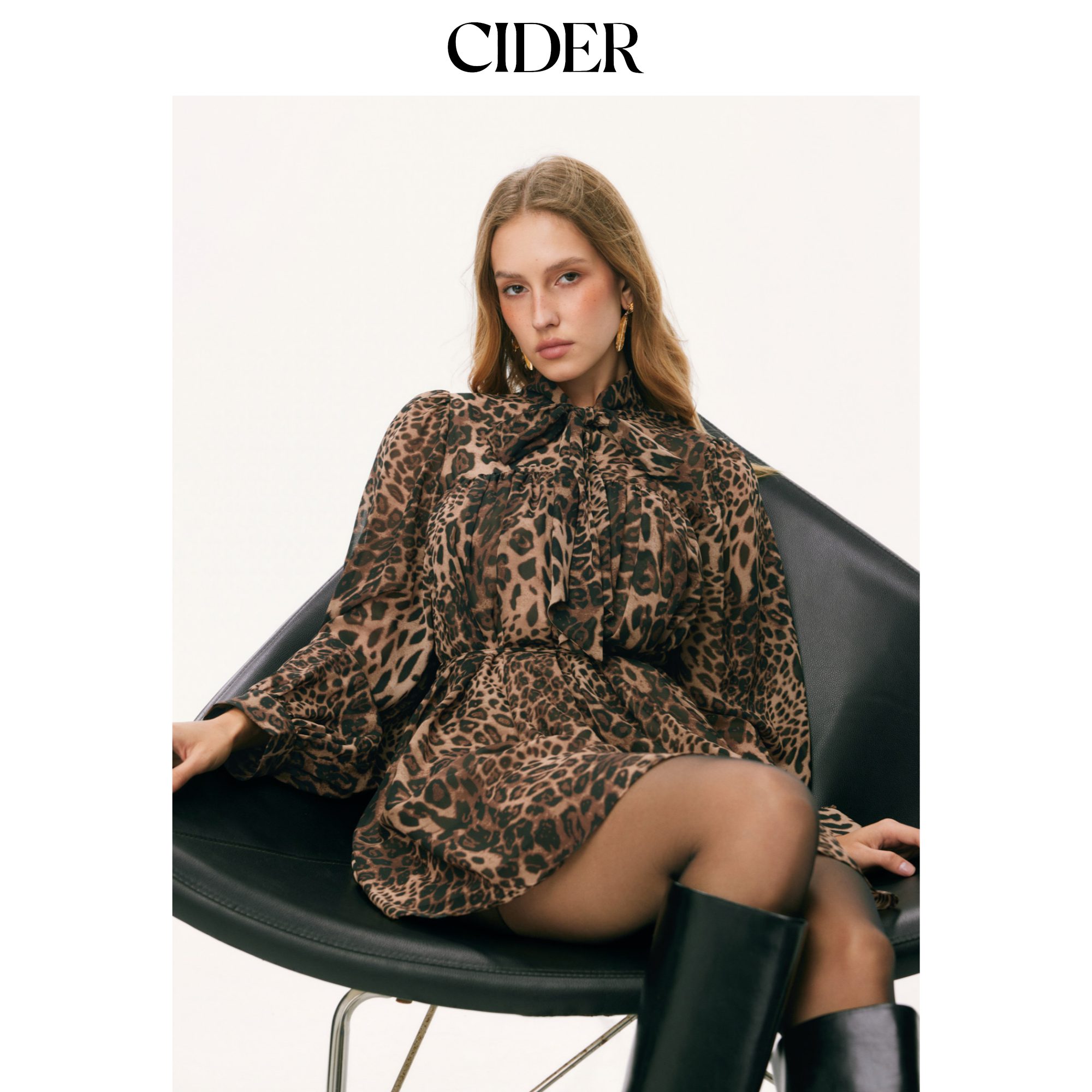 CIDER雪纺豹纹翻领荷叶边宽松迷你连衣裙115041050