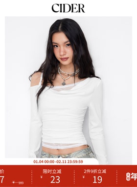 CIDER不对称领口长袖蕾丝褶皱上衣114993948