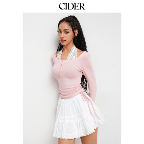 【明星同款】CIDER正品挂脖蕾丝抽绳长袖针织上衣113417986