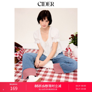 CIDER2026春季新品蕾丝边系带短款泡泡袖上衣115329393