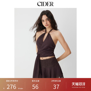 CIDER雪纺挂脖褶皱上衣+中腰蕾丝A字迷你半身裙套装115228552