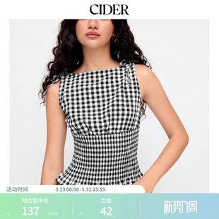 CIDER棉荡领格纹荷叶边系带设计无袖 背心上衣114736387