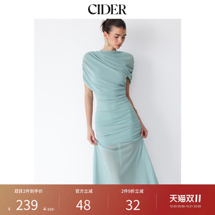 CIDER网纱圆领廓形褶皱高低裙摆披肩袖连衣裙115741370