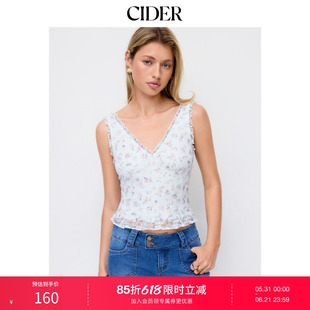 CIDER2026夏季新品V领碎花蕾丝镶边荷叶摆短款上衣115444124