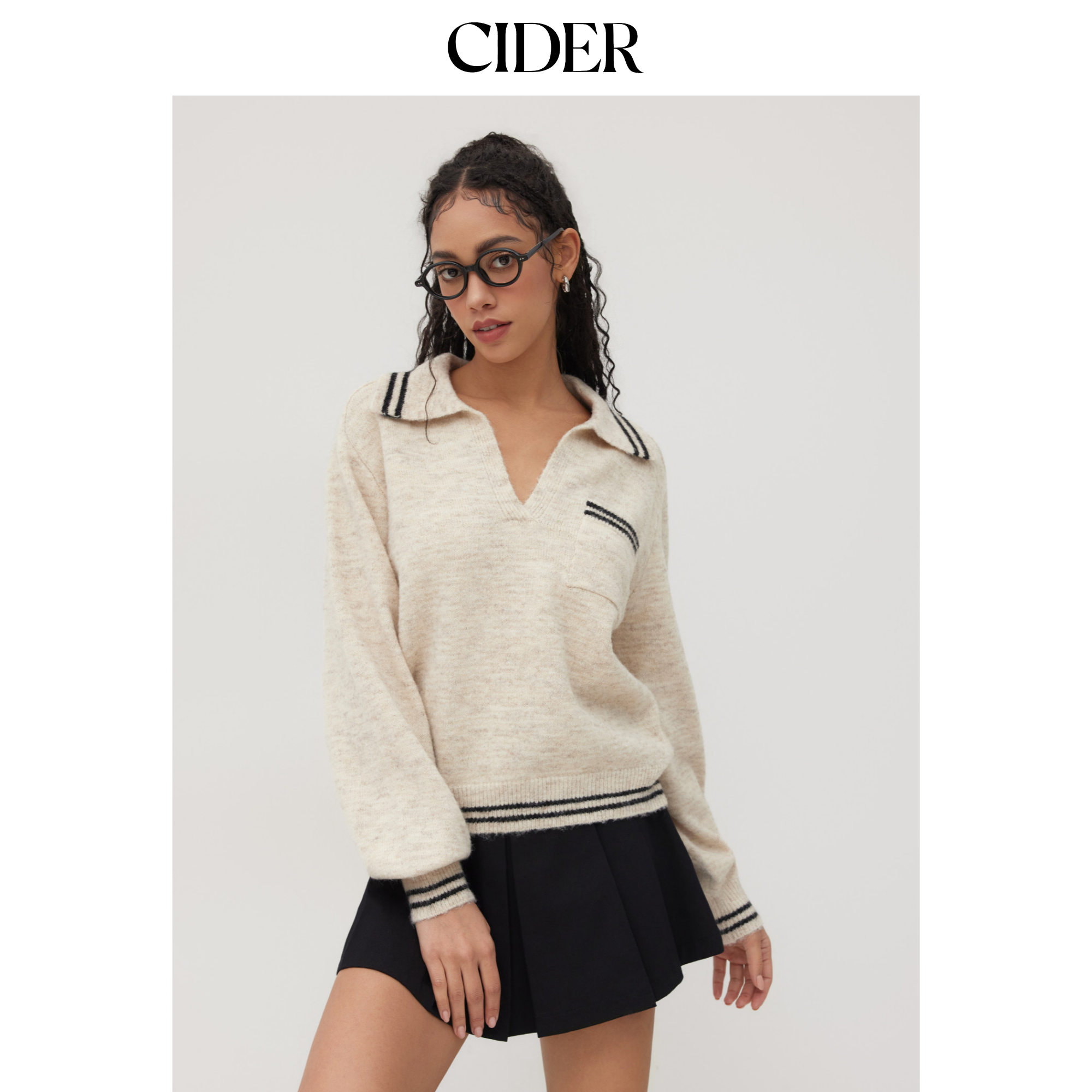 CIDER 春秋新品女装羊毛翻领条纹镶边宽松毛衣11407517