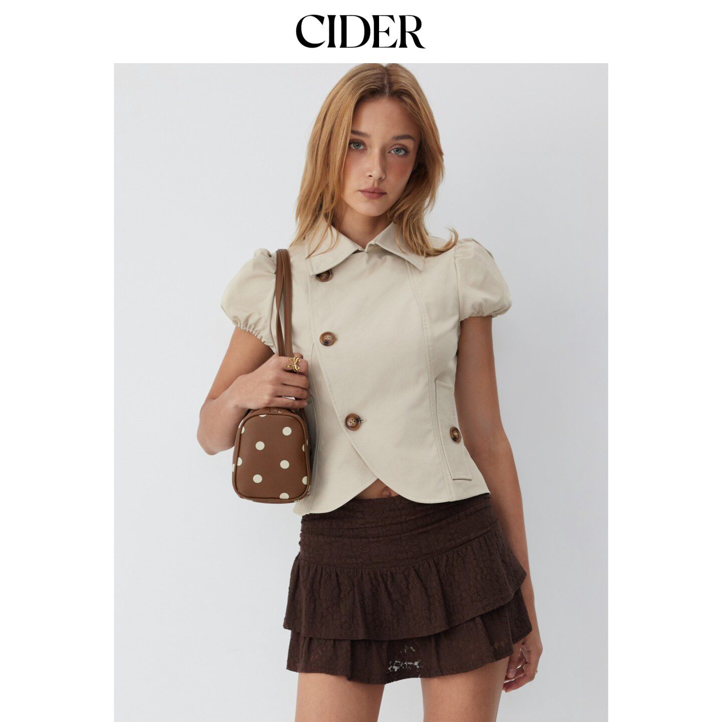 CIDER2026夏季新品翻领泡泡袖不对称纽扣上衣115399366