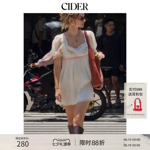 CIDER毕业季穿搭｜立体碎花刺绣方领泡泡袖迷你连衣裙115416308