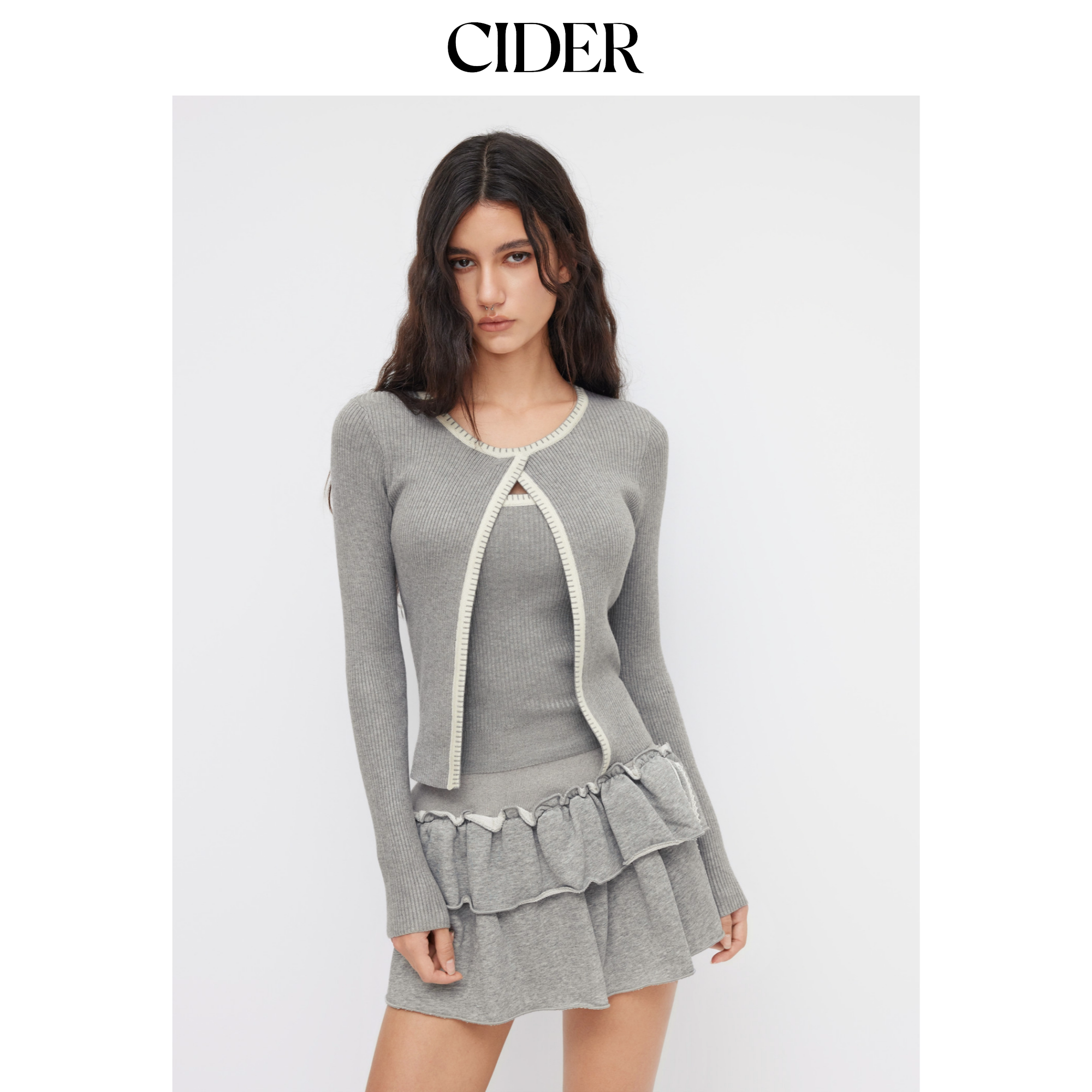 CIDER氛围上衣撞色镶边针织圆领开衫吊带上衣114805646图片