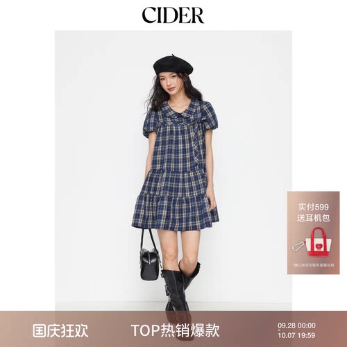 CIDER娃娃领春秋格纹彼得潘领蝴蝶结短袖娃娃迷你连衣裙114933612