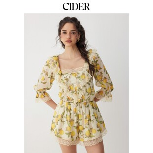 CIDER2026夏季新品雪纺水果印花方领灯笼袖蕾丝连体裤115426469