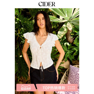 CIDER2026春季新品提花V领荷叶袖蕾丝拼接上衣115331954