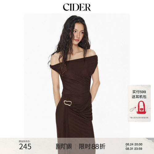 CIDER优雅风网纱不对称领口褶皱垂坠长连衣裙女装114604474