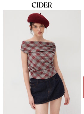 【明星同款】CIDER正品一字肩格纹短袖美式复古格子上衣113981213