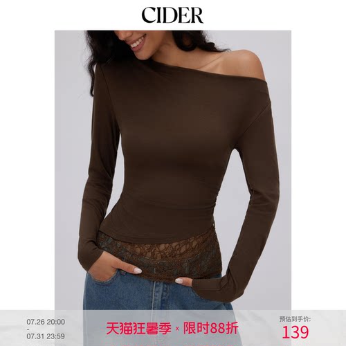 CIDERchic风春秋女装撞色蕾丝抽褶不对称领长袖T恤114861358