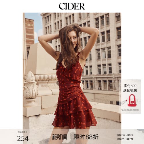 【明星同款】CIDER酒红色樱桃印花无袖低领连衣裙115137403