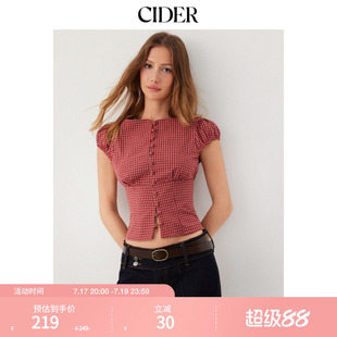 【明星同款】CIDER2026春新品红色格纹方领泡泡袖短上衣115167838
