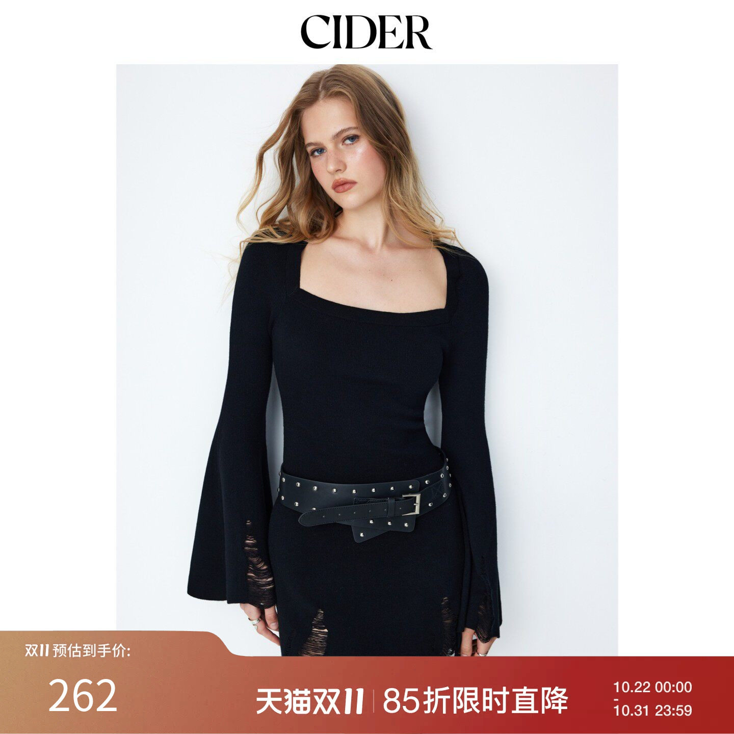CIDER2026秋季新品针织方领喇叭袖破洞A字迷你连衣裙115739300